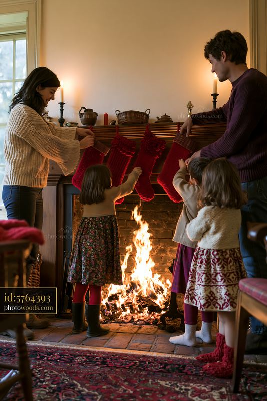 Family decorating stockings by fireplace in cozy living room