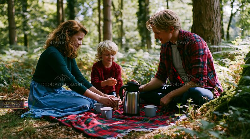 Family enjoying refreshments on a blanket in a woodland clearing