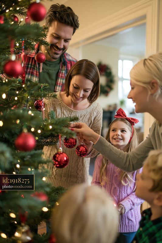 Family decorating a Christmas tree indoors with joyful expressions