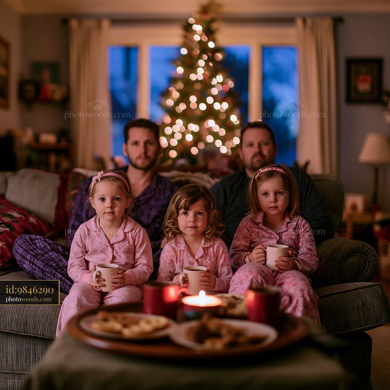 Family enjoying holiday movie time together in cozy living room