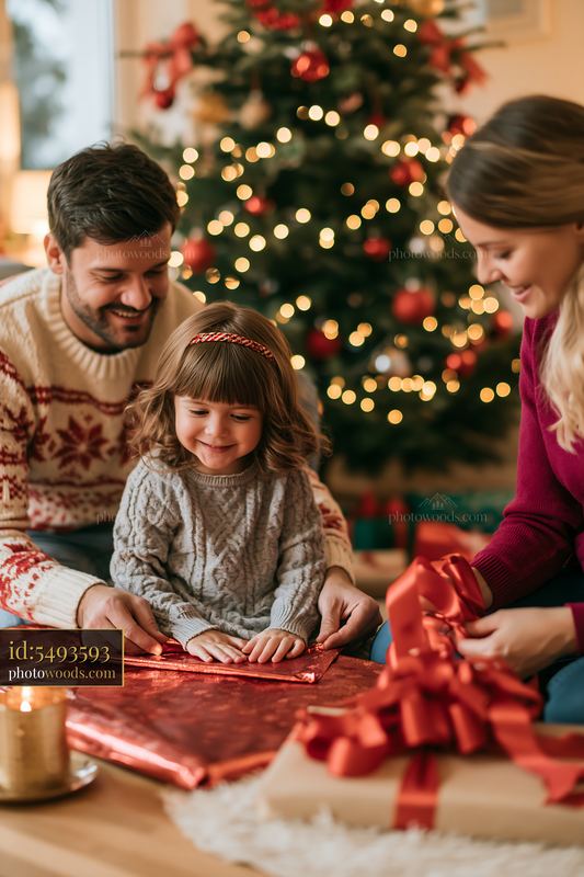 Parents teaching children gift wrapping for the holidays