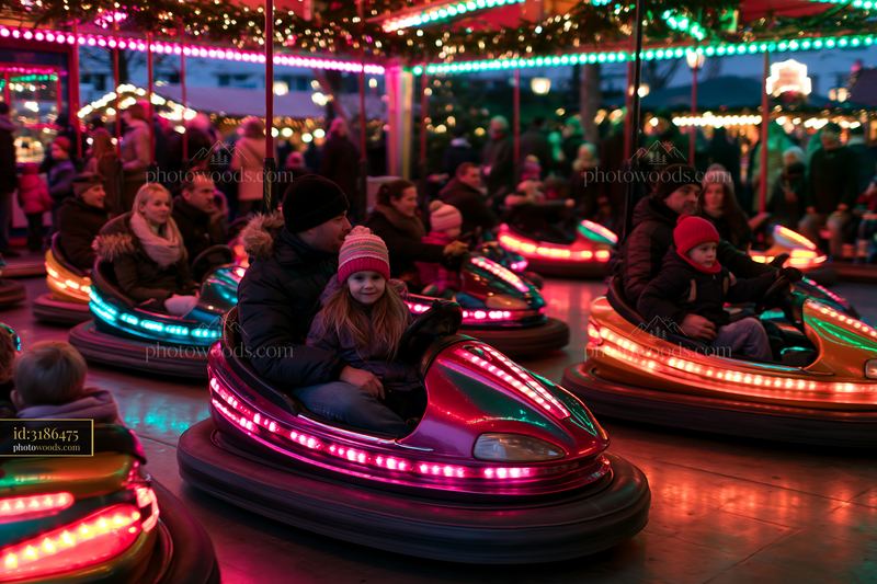Family enjoying bumper cars at an amusement park in the evening