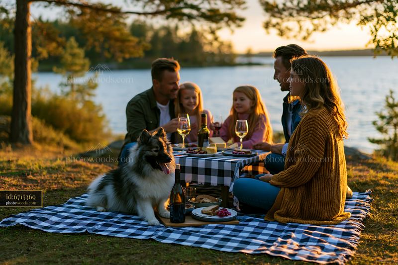 Family enjoying a picnic by the lake with a rare dog breed