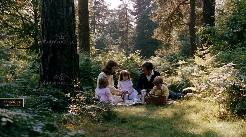 Family gathering in a shaded meadow in woodland clearing