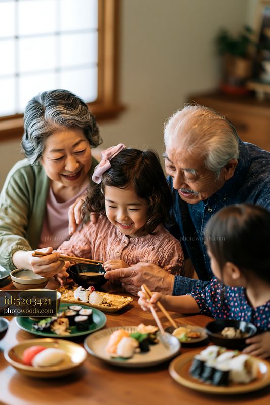 Family enjoying sushi dinner together at the dining table