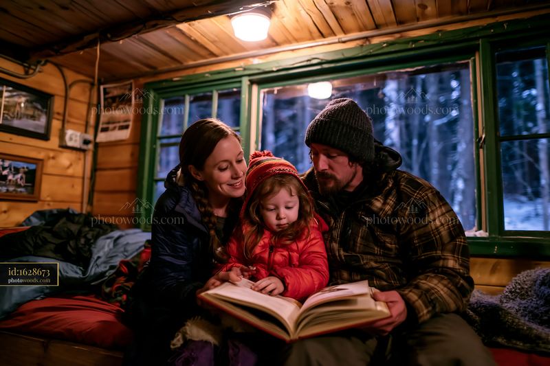 Family reading a story together in a cozy cabin