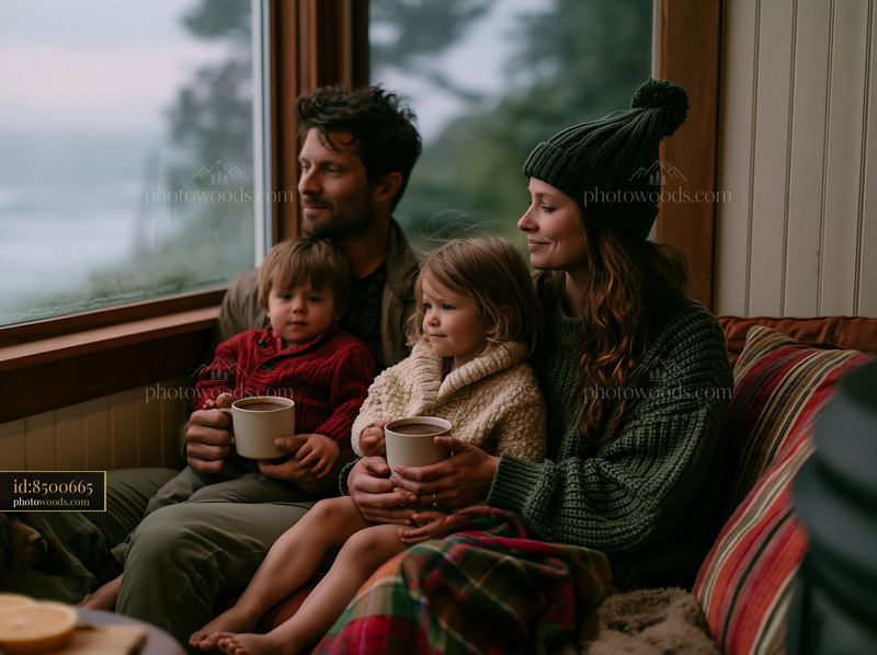 Family enjoying hot chocolate together in a cozy indoor setting