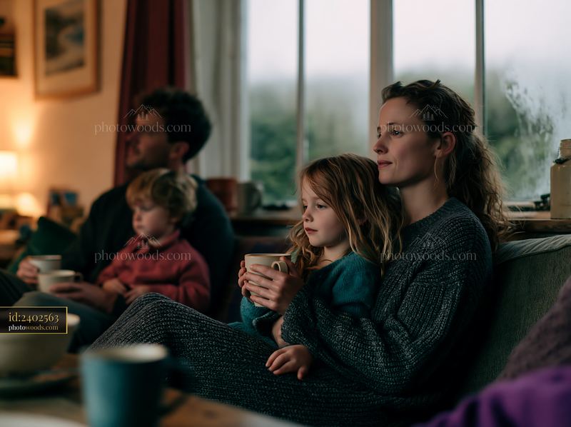 Family enjoying hot chocolate together indoors during a winter evening