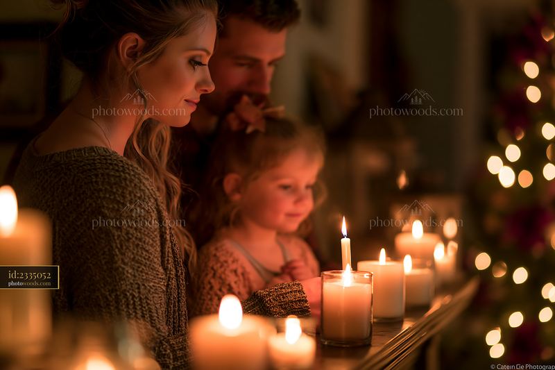 Parents teaching holiday tradition with candles and child