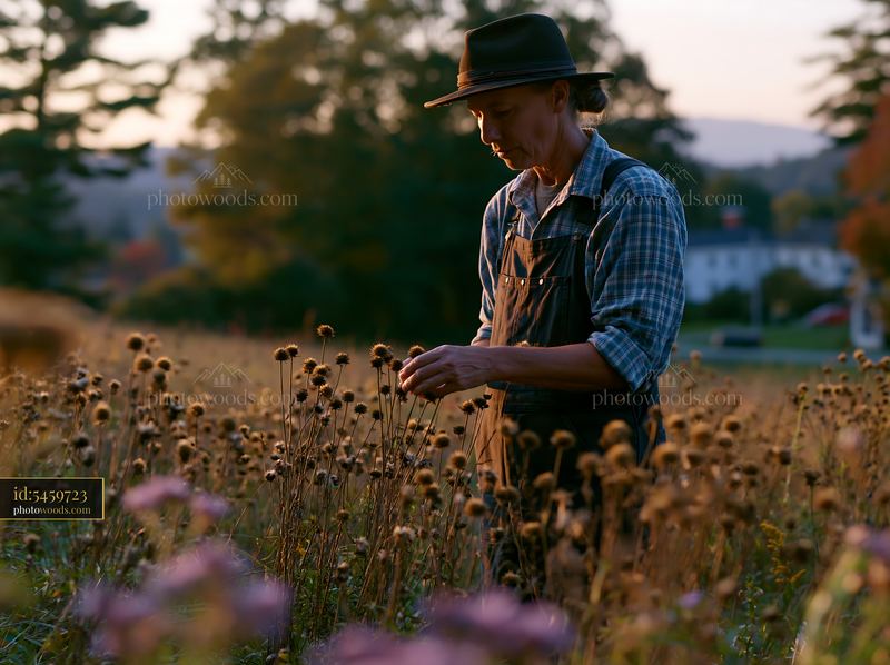 Farmer inspects crops in a meadow during sunset