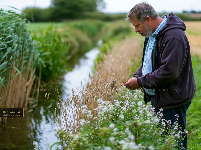 Farmer inspects meadow crops near a waterway in rural landscape