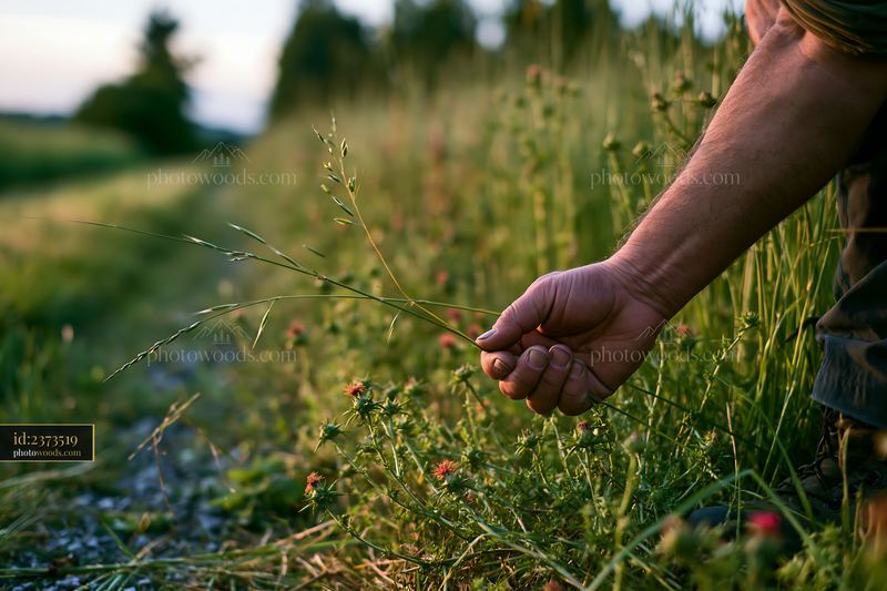 Farmer inspecting meadow crops in the countryside during sunset
