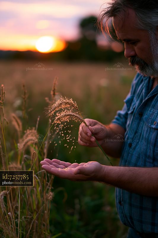 Farmer inspecting meadow crops during sunset