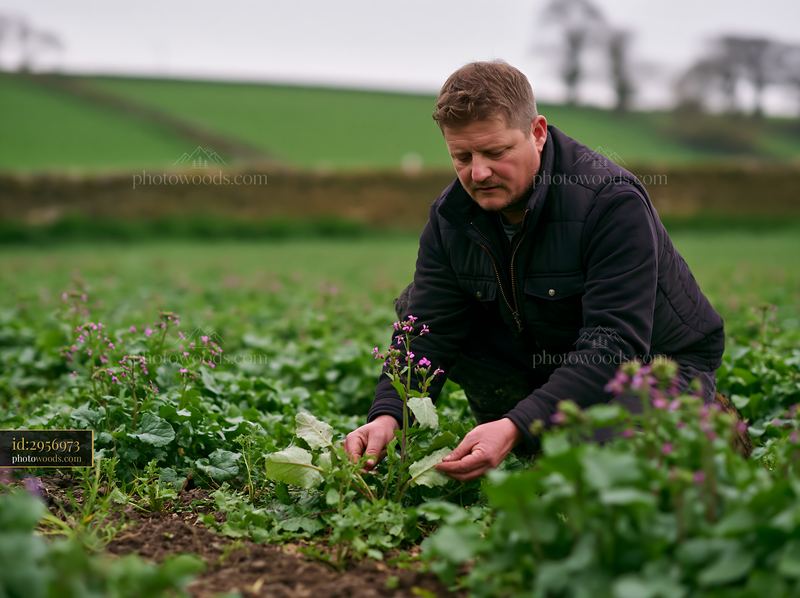 Farmer examines meadow crops in a field