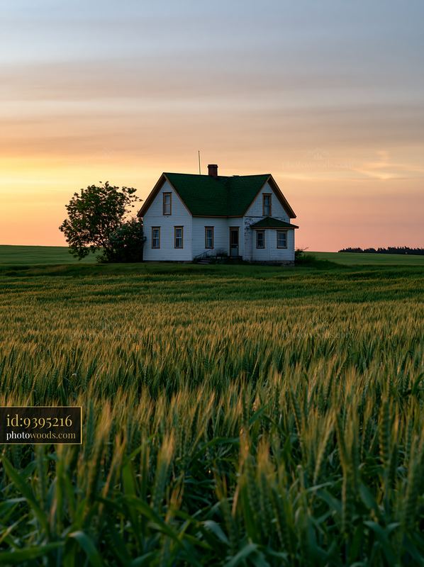 Farmhouse with a sunset background in green fields