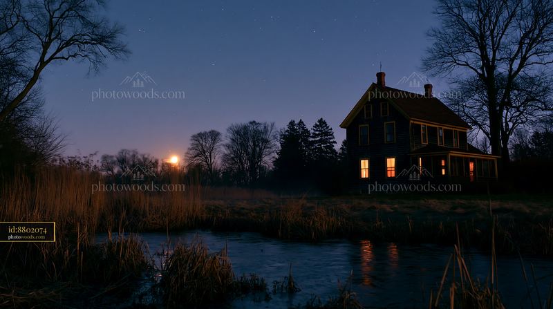 Farmhouse beneath night sky with moonrise and visible stars