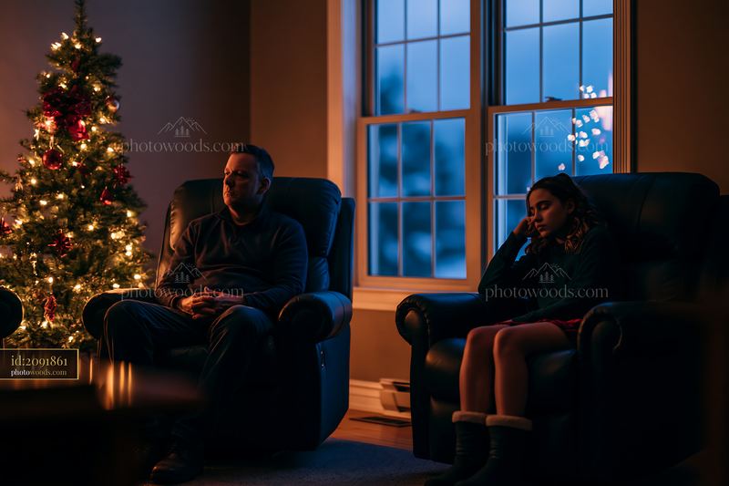 Family sitting quietly in living room, watching holiday movie