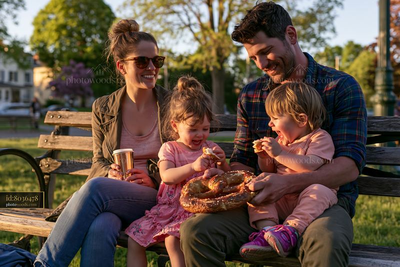 Father and children sharing a giant pretzel at a park