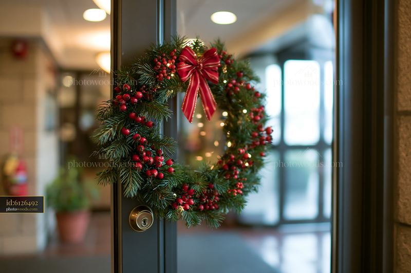 Christmas wreath with bow on apartment door entryway
