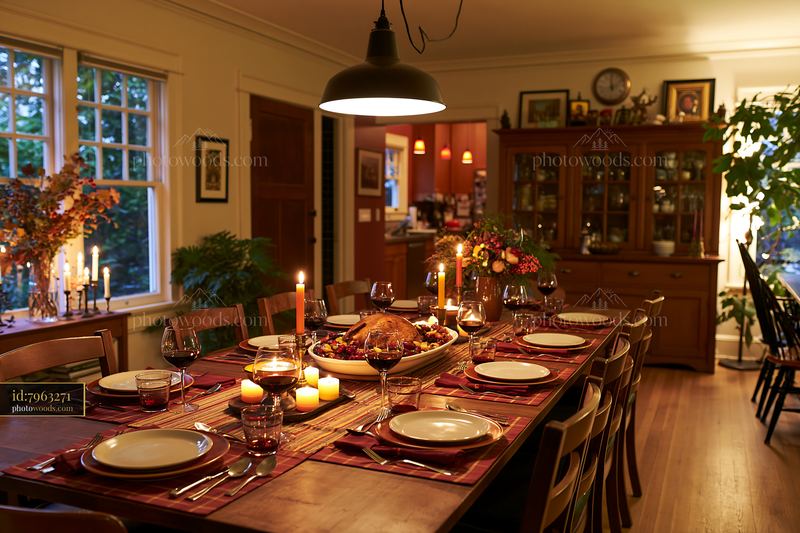 Festive dining room prepared for guests with candles and food