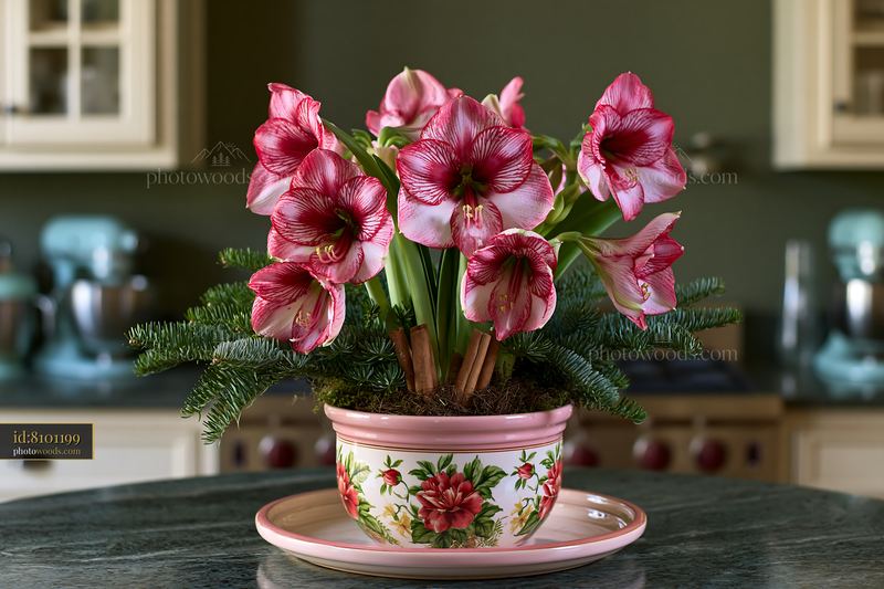 Christmas plant arrangement in ceramic pot with amaryllis flowers