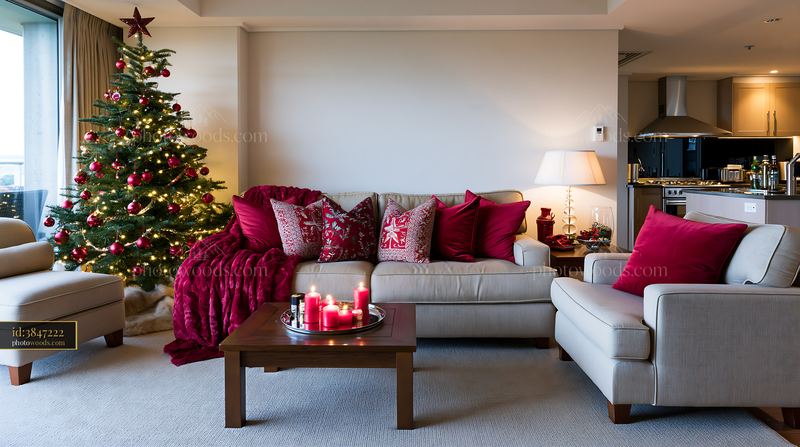 Festive sofa with blankets and pillows by a decorated Christmas tree