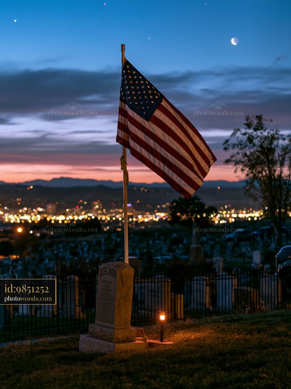 War cemetery with distant city lights under stars