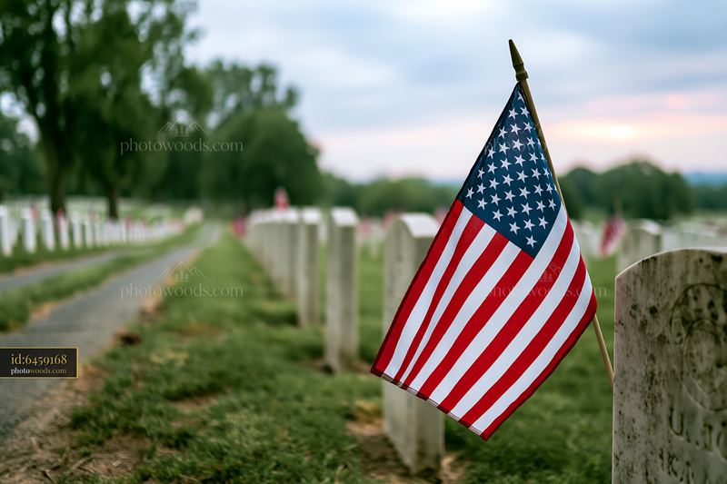 American flag standing at Arlington Cemetery among gravestones