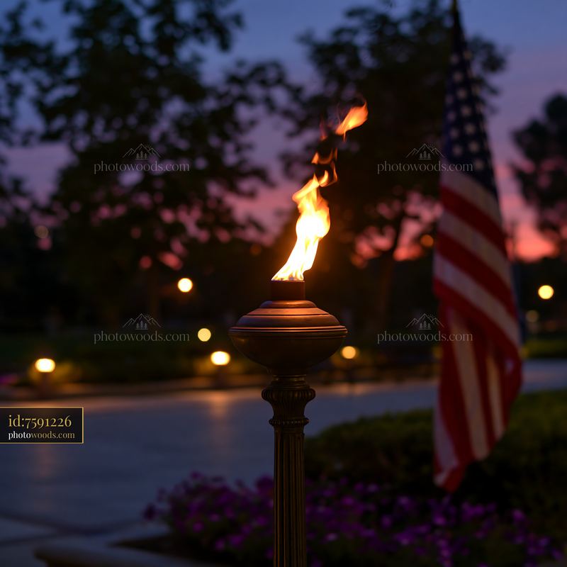 Veteran memorial with American flag after sunset