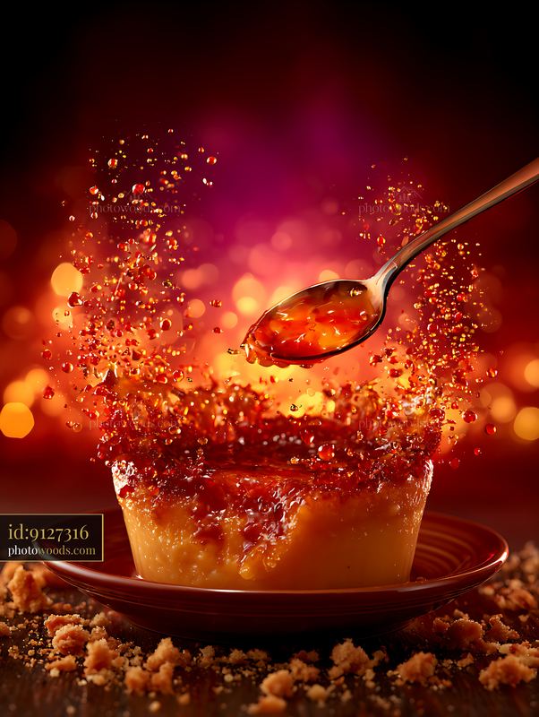 Flan dessert with caramel sauce splashing from a spoon