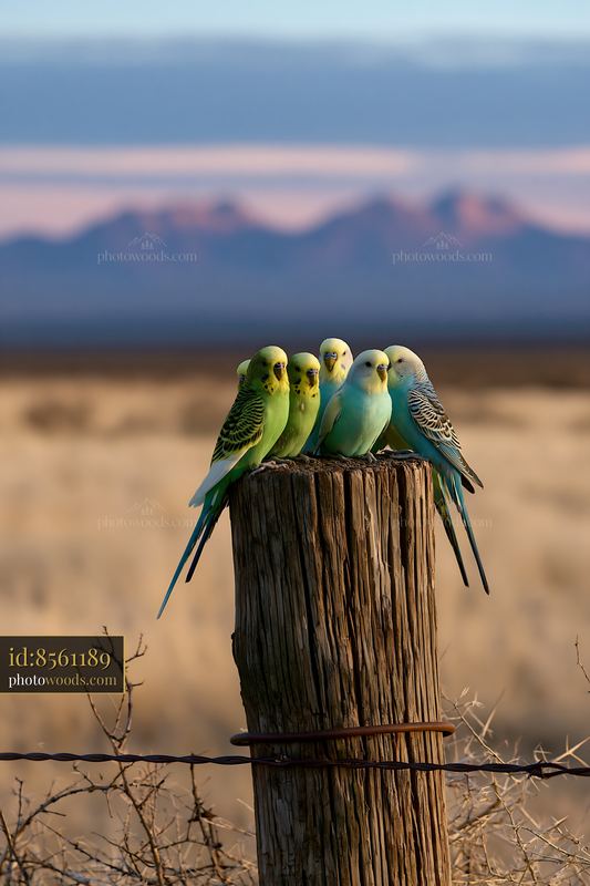 Budgerigar flock on a post in a desert landscape