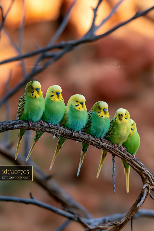 Colorful budgerigars sit on a branch in the desert