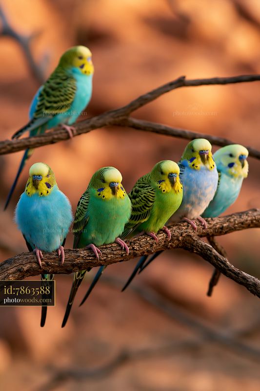 Budgerigars perched on branches in a desert landscape