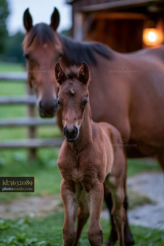 Horse near a lantern-lit stable at dusk with a mare and foal