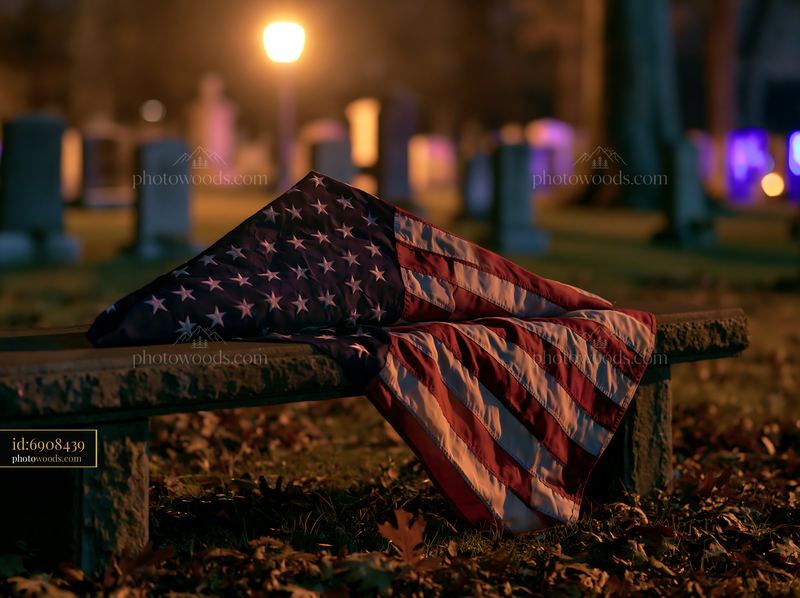 Autumn military cemetery at night with a folded flag on a bench