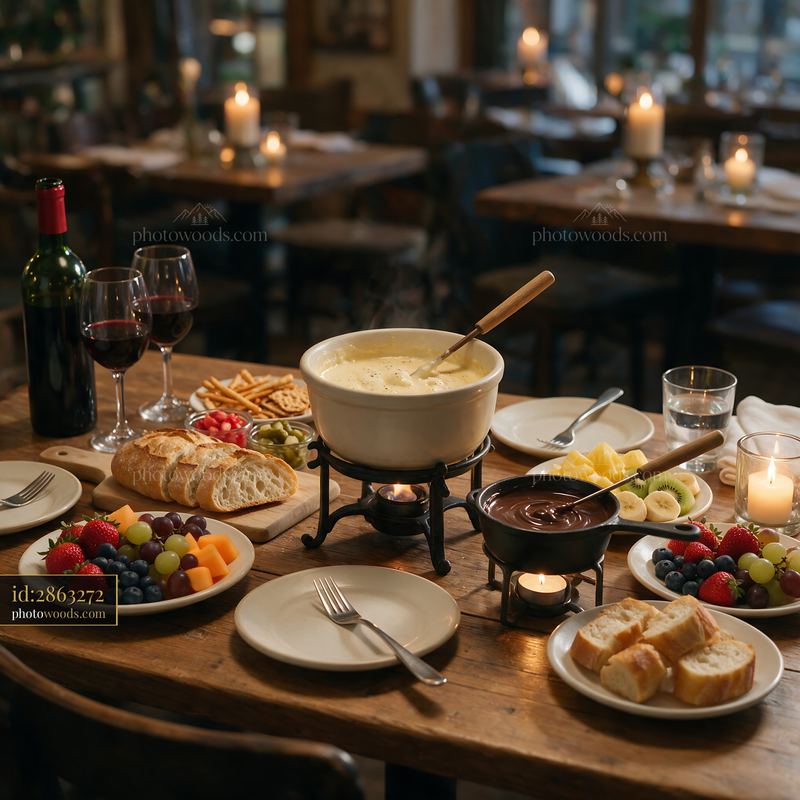 Fondue buffet table setting for a gathering in a cozy restaurant