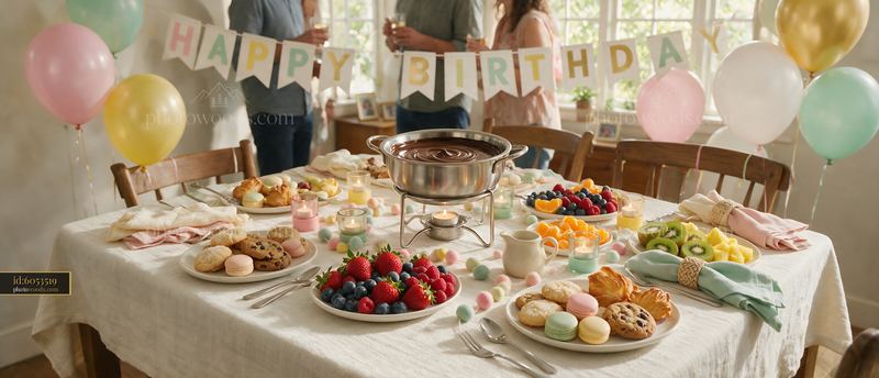 Fondue buffet table with desserts and fruits at a birthday party