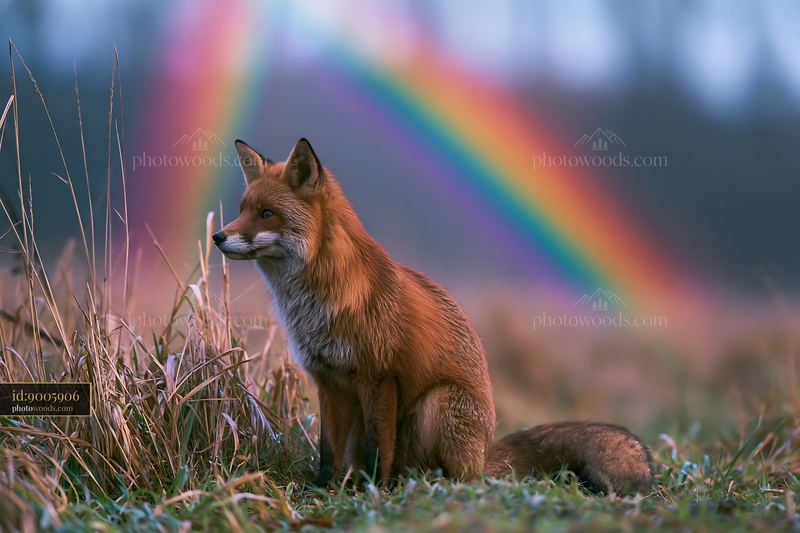 Fox sitting in a meadow beneath a rainbow