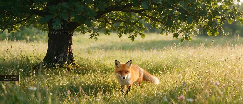 Fox standing in a meadow beneath an oak tree