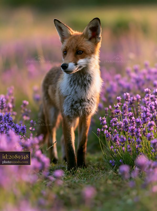 Fox crossing a meadow with purple flowers