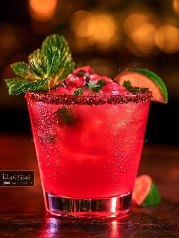 Red cocktail in glass with mint and lime on bar counter