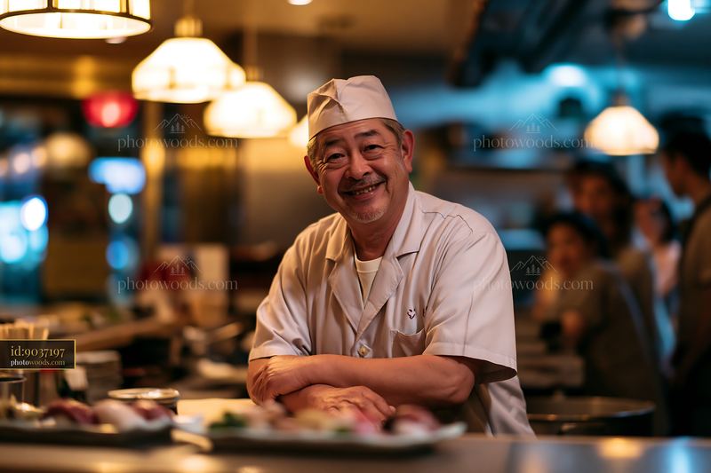 Sushi chef greets diners at a lively restaurant setting
