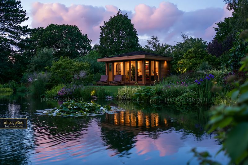 Luxurious garden house beneath evening sky with reflections