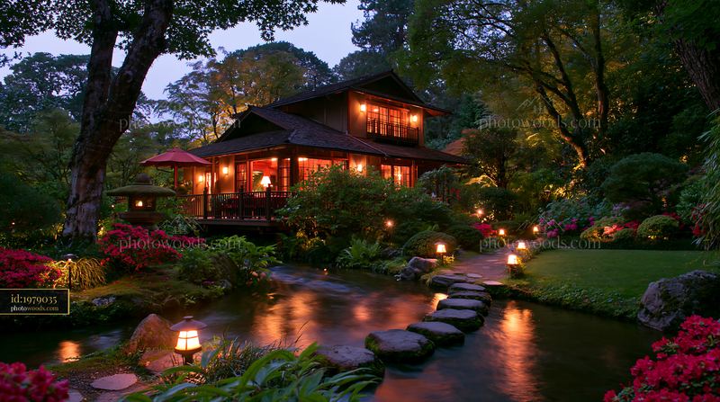 Premium garden house with landscape lighting at dusk