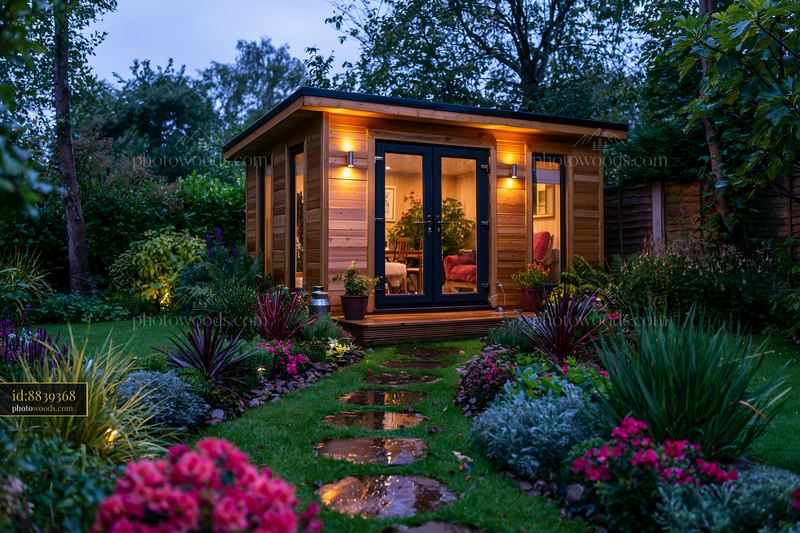 Luxurious garden studio with illuminated entrance at dusk
