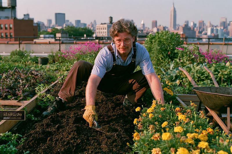 Gardener tending to a marigold flower bed in city rooftop garden