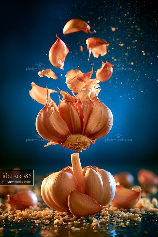 Garlic bulb exploding into pieces with flying cloves