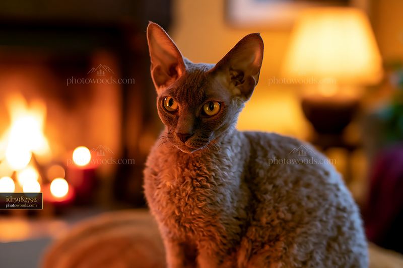German Rex cat portrait in cozy indoor setting near fireplace