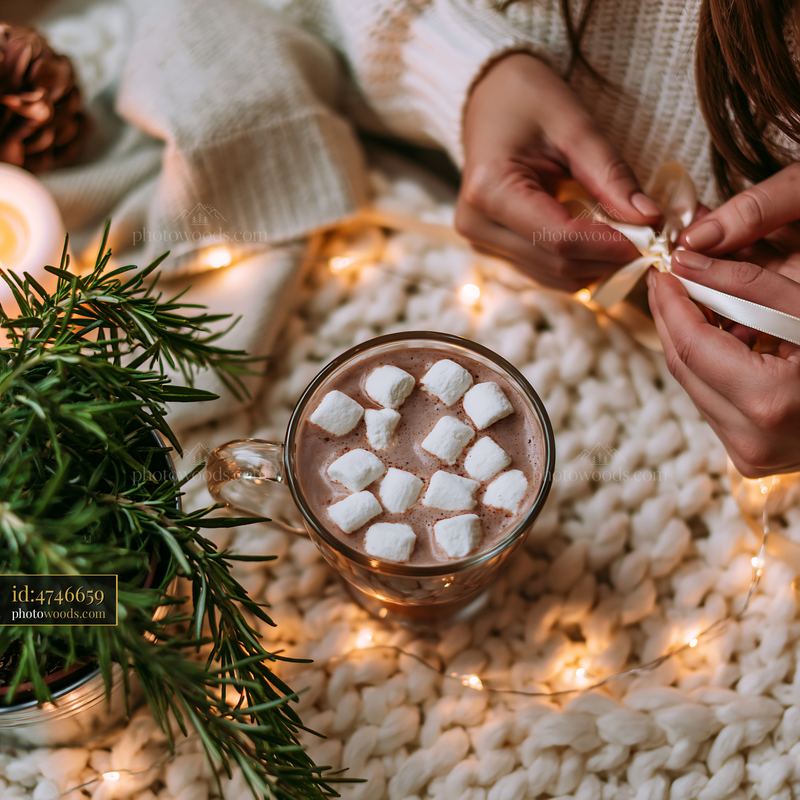Warm cocoa with marshmallows and crafts near a cozy setting