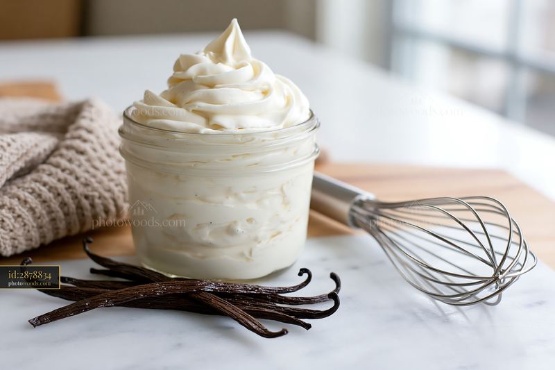 Cream dose with vanilla pods in a glass jar on a kitchen counter